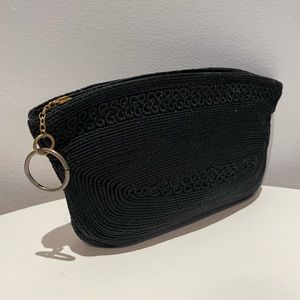 Vintage 40s Black Corde Rayon Clutch with Attached Key Ring